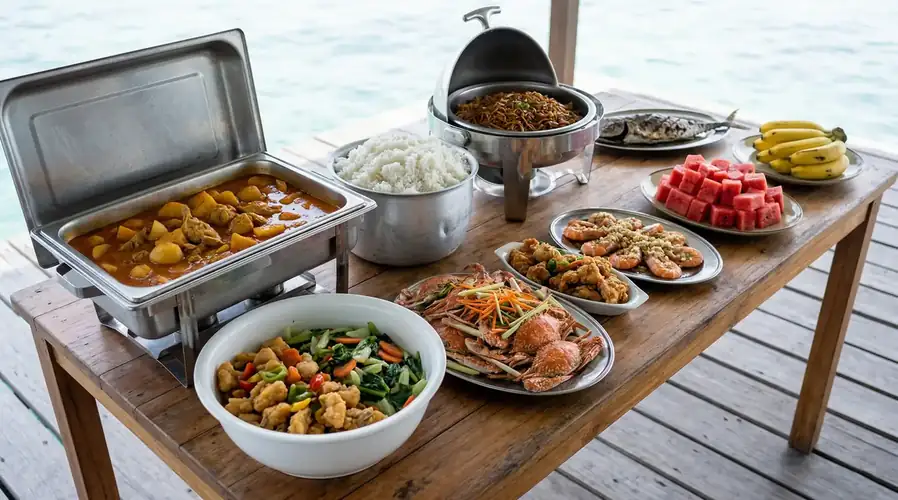 Selection of buffet meals for guest breakfast and dinner Tampi Tampi Resort
